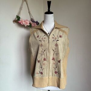 Embroidered Suede  Beige Zip-Up Vest
